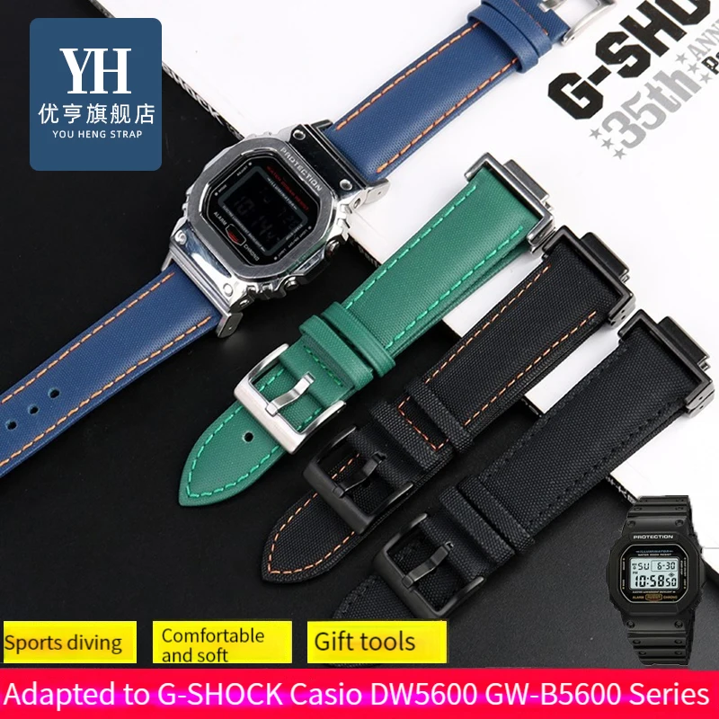 

For G-SHOCK Casio Modified watchband DW5600 GW-B5600 GW-M5610 series waterproof nylon surface leather bottom watch strap 16mm