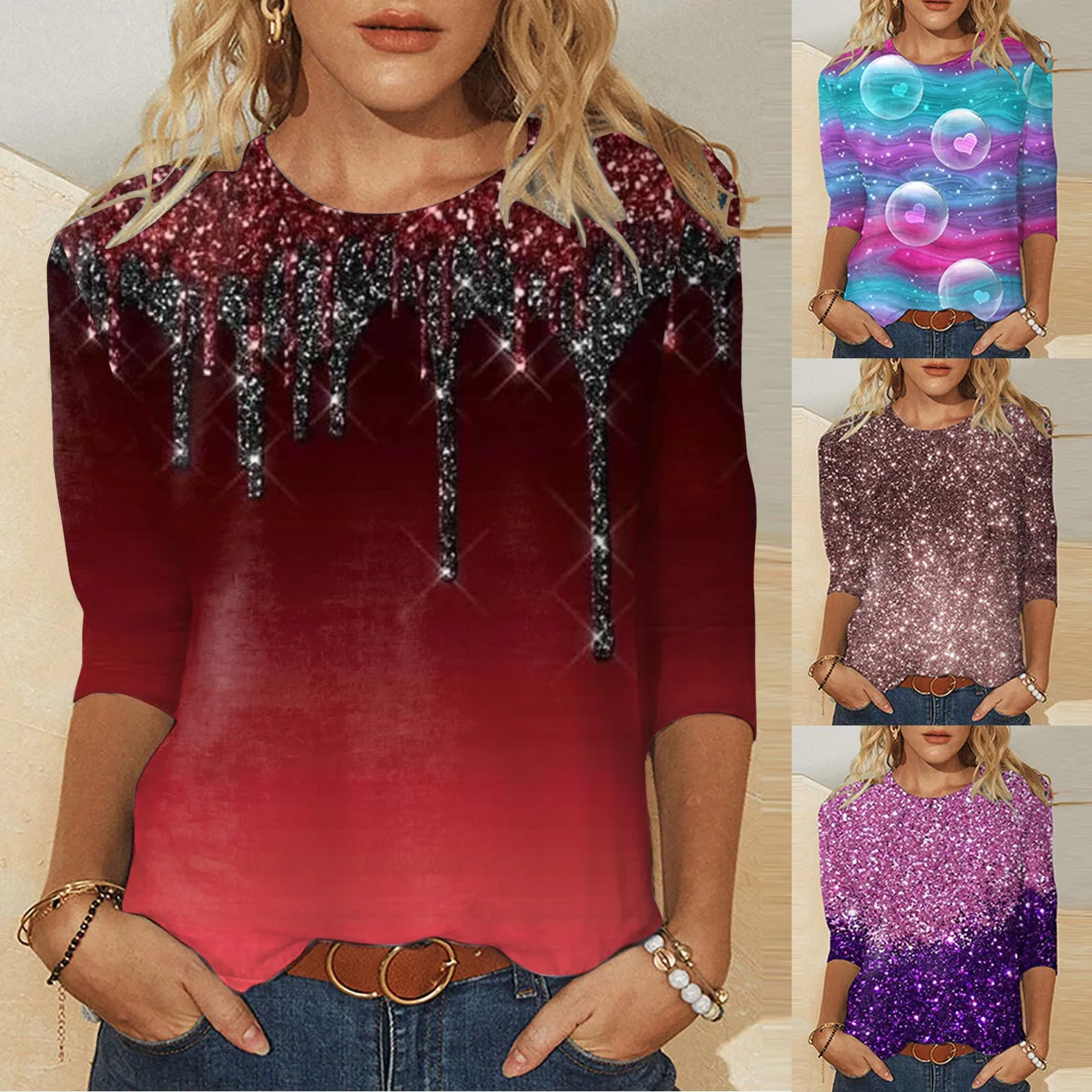 

Womens Fashion Three Quarter Sleeve Round Neck T Shirt Top Womens Long Sleeve T Shirts Loose Fit Shirt V Neck Women