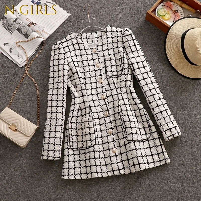 

Autumn Long Sleeve Single Breasted Round Collar tweed Dress Women Fashion temperament French waist closing Plaid Slim Fit Dress