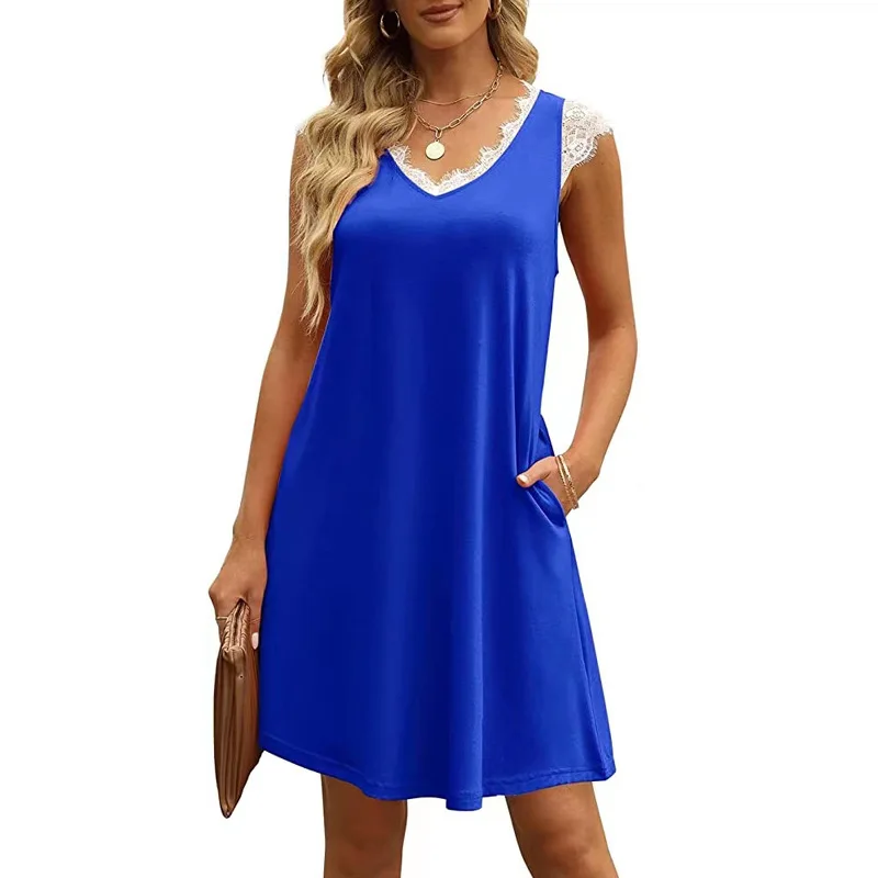 

Women's Lace Splice V-neck Dress Short Sleeve Pocket Casual Loose Midi Beach Dress