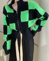 chic color contrast plaid long sleeve cardigan jacket for women spring autumn streetwear zipper knitted outwear lady knitwear