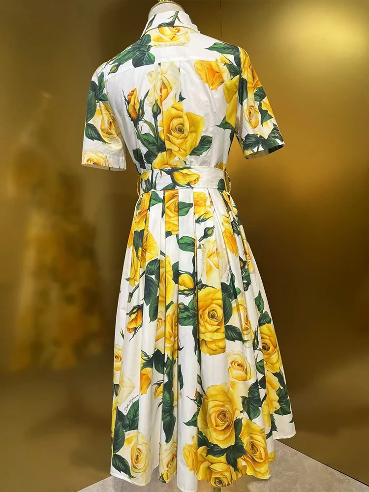 Винтажное однобортное платье с отложным воротником и принтом на завязках