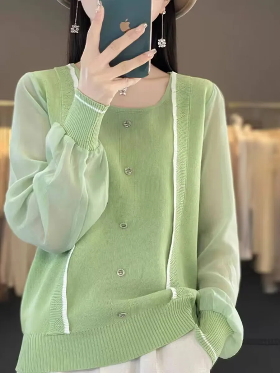 Женский шифоновый пуловер Свободный с круглым вырезом и рукавами-фонариками на