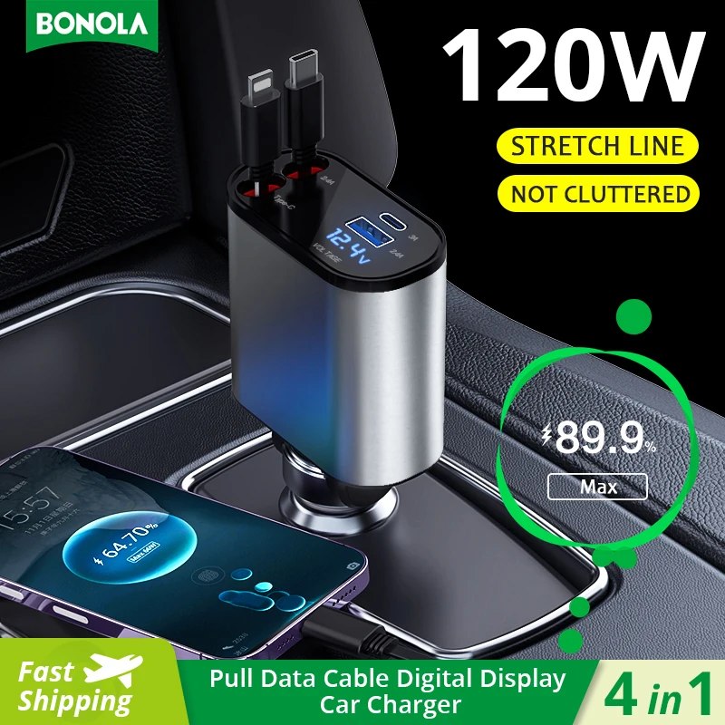 

Bonola 120W Car Charger 4 In 1 Retractable USB Type C Cable For iPhone/Xiaomi/Samsung Fast Charging Cord Cigarette Lighter