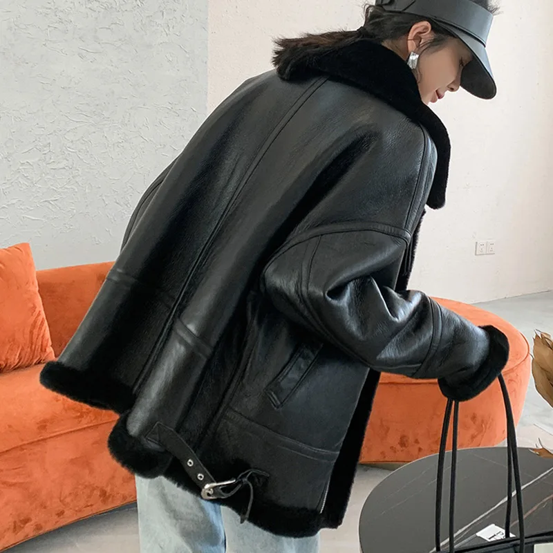 Women's Fashion Leather Jackets Winter Thick Warm Lamb Fur Lining Sheepskin Coat Motorcycle Full Sleeve MH3889L