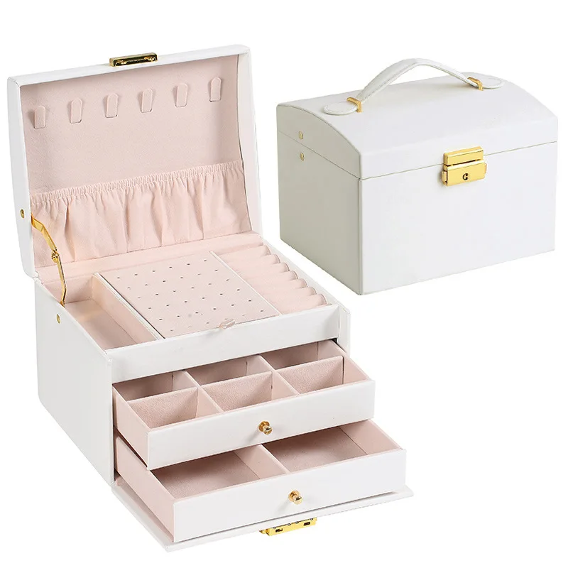 Multi-functional Three-layer Leather Drawer-style Jewelry Box Earrings Earrings Lock Jewelry Box