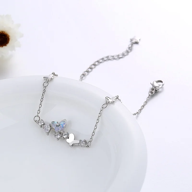 Серебряная цепочка из звеньев циркониевый браслет с бабочкой для женщин и