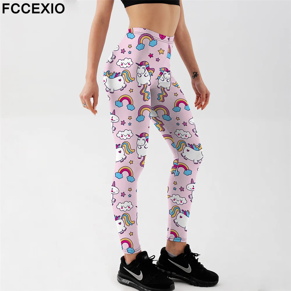 FCCEXIO милые Мультяшные единороги принт женские брюки с высокой талией модные