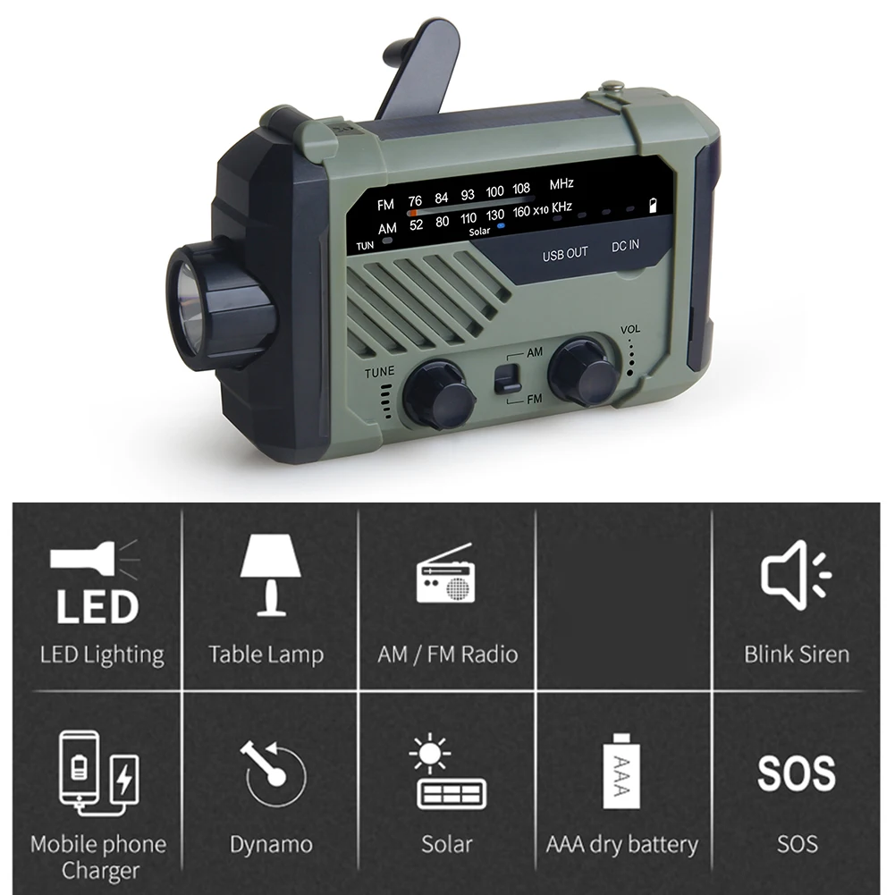 Portable Radio Hand Crank AM FM Emergency Solar Reading Lamp Flashlight SOS Alarm 2000mAh Power Bank for Phone Charger |