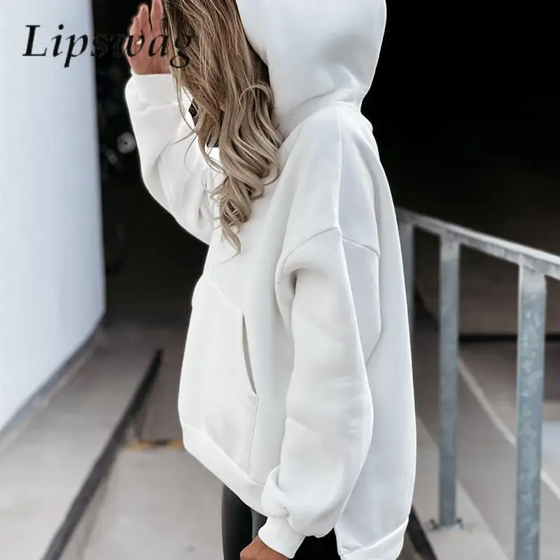 

Толстовка Женская с длинным рукавом, повседневный Свободный свитшот с капюшоном, модный однотонный уличный топ с карманами, пуловер, Осень-зима