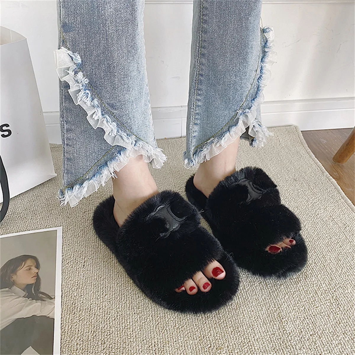New Spring Autumn Fashion Women's Slippers Flat-Bottomed All-Match Fur Drag Open Toe Women Shoes
