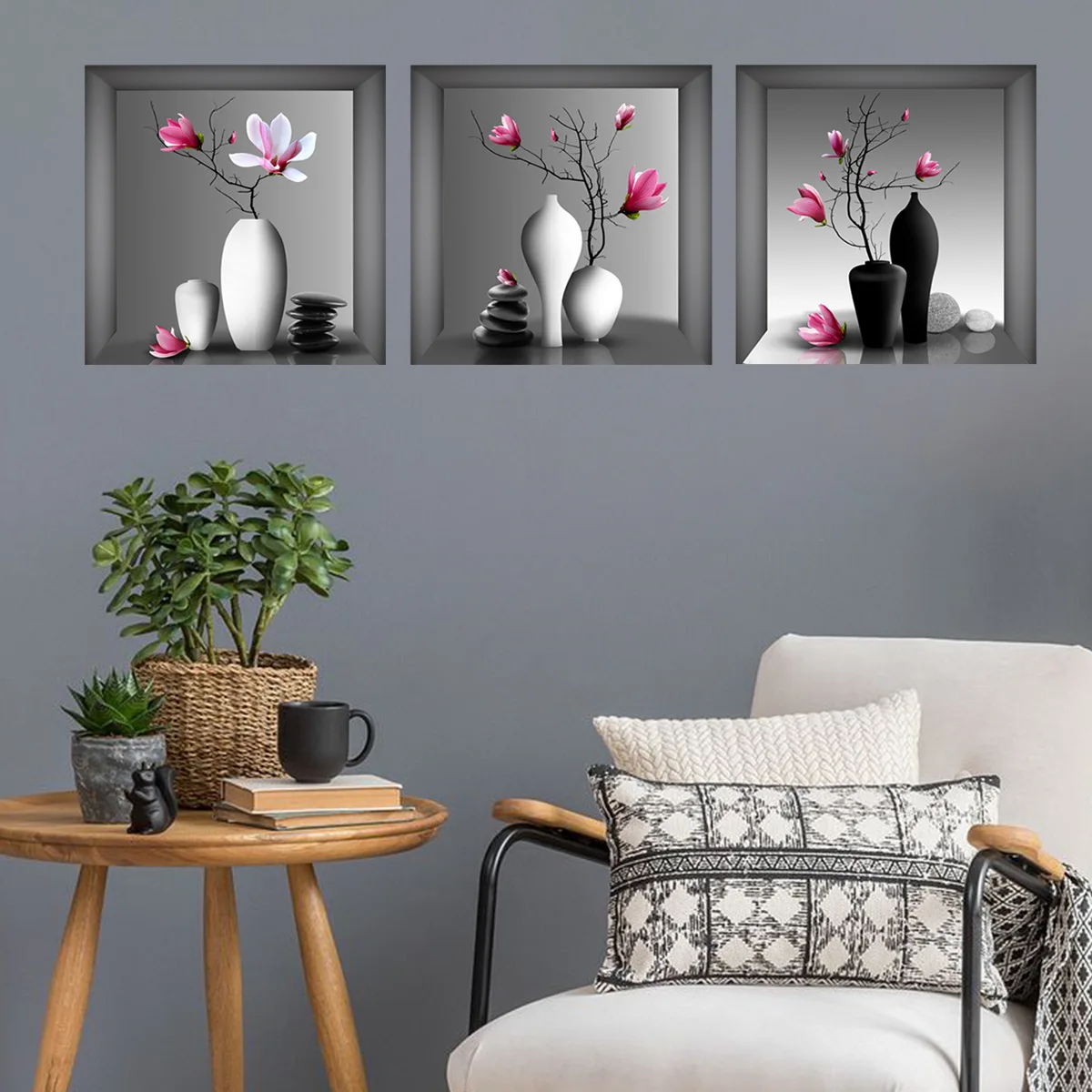 

3Pcs/Set Useful Wall Stickers Attractive Three-dimensional Wall Decals Fake Window Flower Vase Pattern Wall Stickers