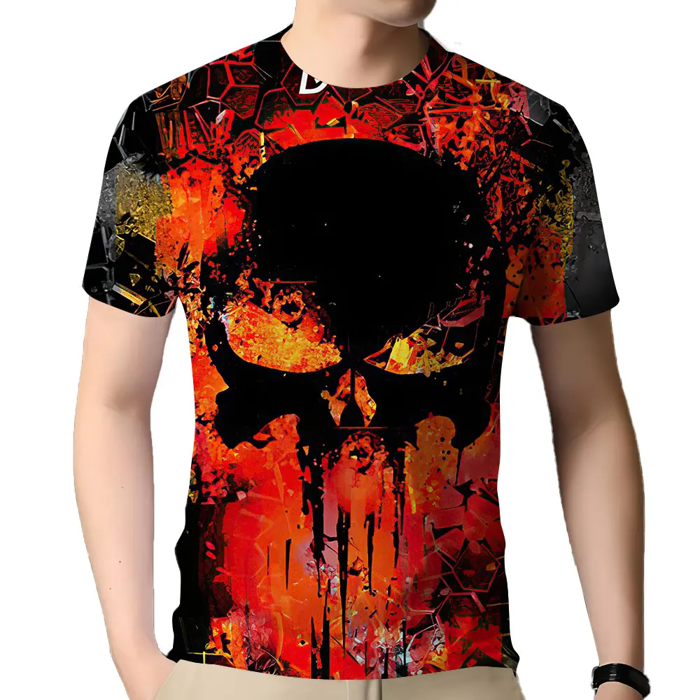 

Men's Summer Short Sleeve T-shirt Horror Skull Head Pattern Top Loose Tee Extra Large Skull Head Print T-shirt Men's Wear