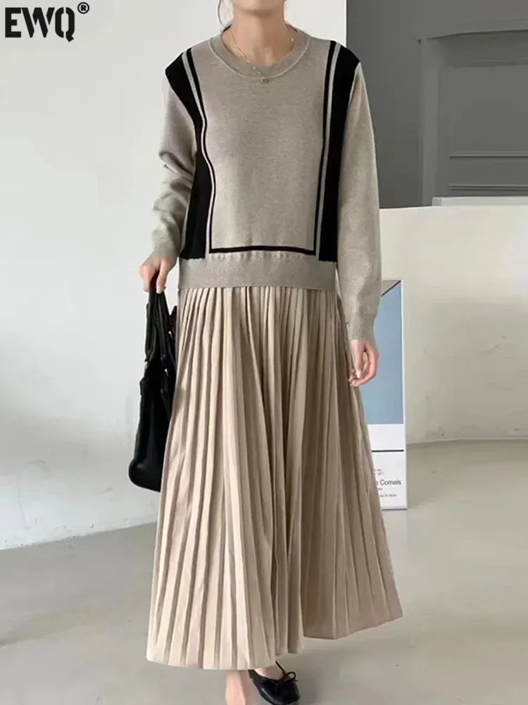 

[EWQ] Elegant Simple O Neck Contrasting Color Stitching Long Sleeved Pleated Beautiful Women's Dress 2023 Autumn Spring 16U5975