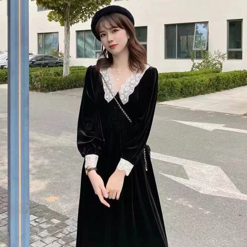 

Женское платье с длинным рукавом и воротником «Питер Пэн», облегающее элегантное бархатное платье до щиколотки, G163