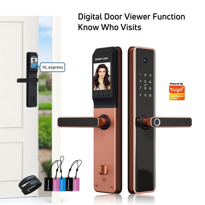 

Дверной замок Tuya с Биометрическим распознаванием отпечатков пальцев и камерой, интеллектуальный замок безопасности с Wi-Fi, APP, пароль, RFID, две...