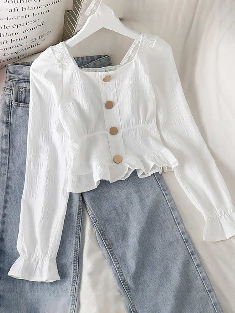 

Блузка женская шифоновая с квадратным вырезом, дизайнерский топ с рукавами-фонариками, Элегантная Модная приталенная рубашка, весна 2022