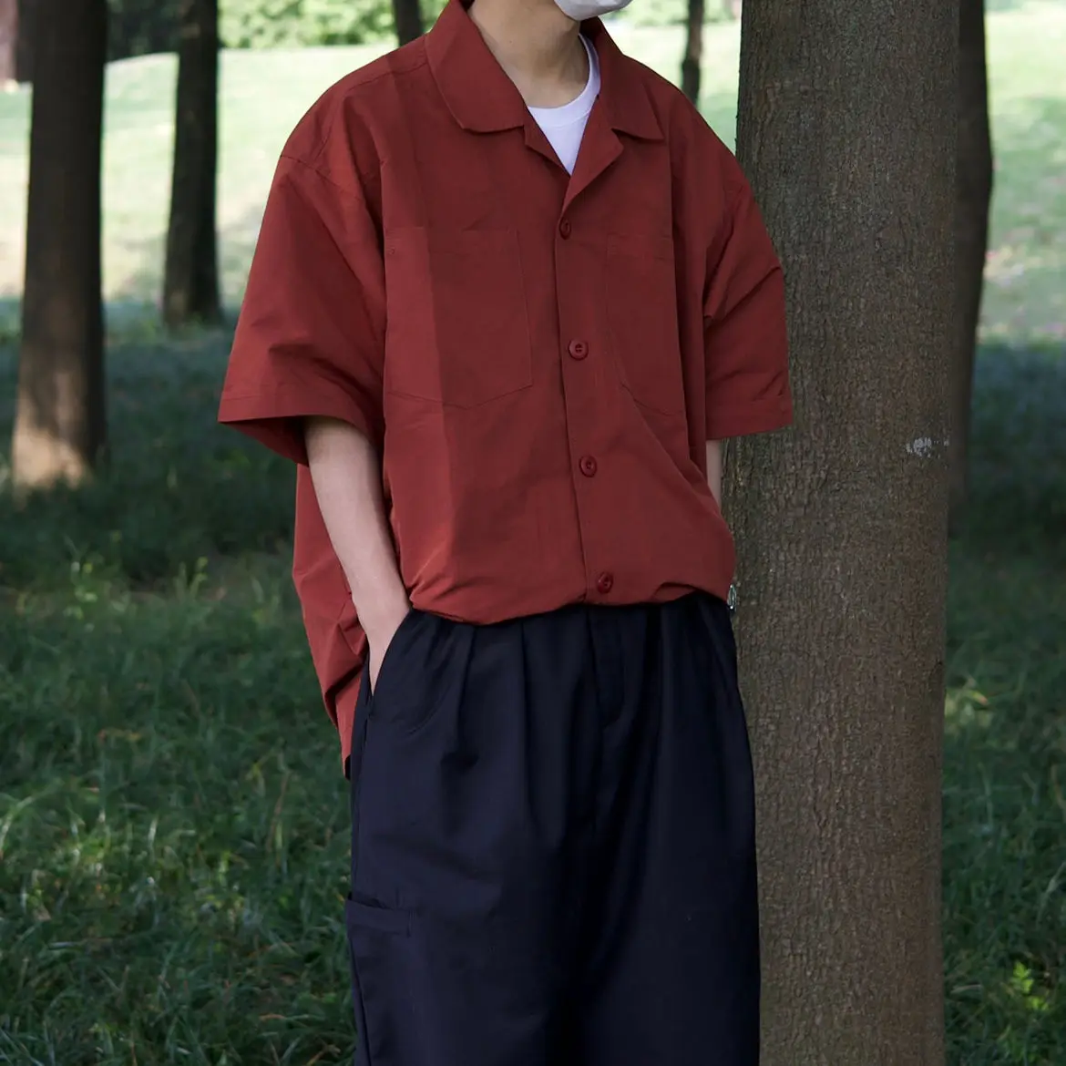 

Japanese Cuban Collar Retro Design Shirt Men Couple 2022 Summer New Solid Color Simple Loose Short Sleeve Casual Button Up Shirt