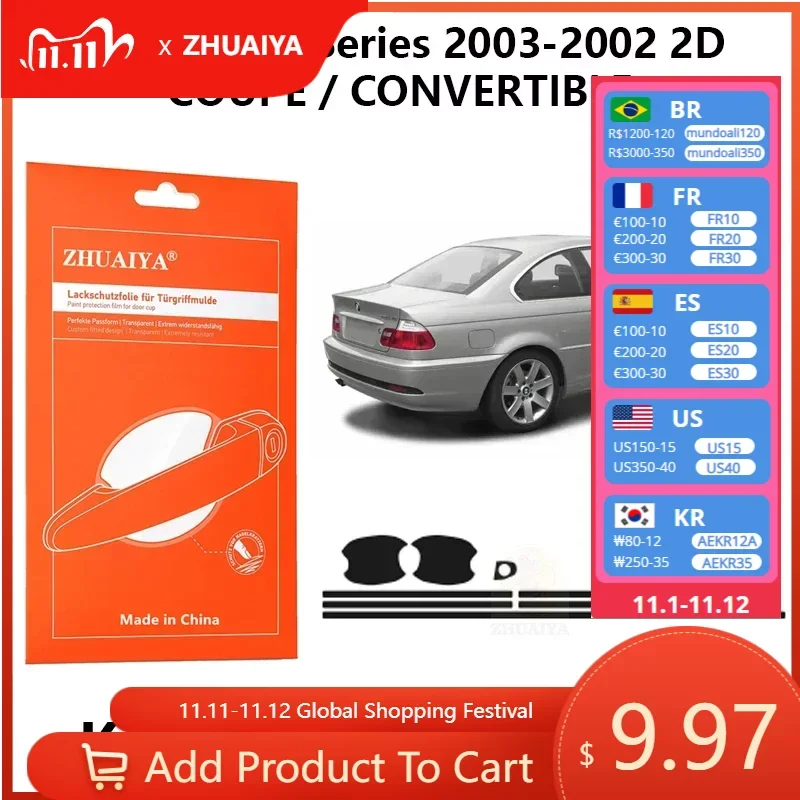 

Защитная пленка ZHUAIYA для красок дверной ручки, ТПУ PPF для BMW 3 серии 2003-2002 2DCOUPE / CONVERTIBLE
