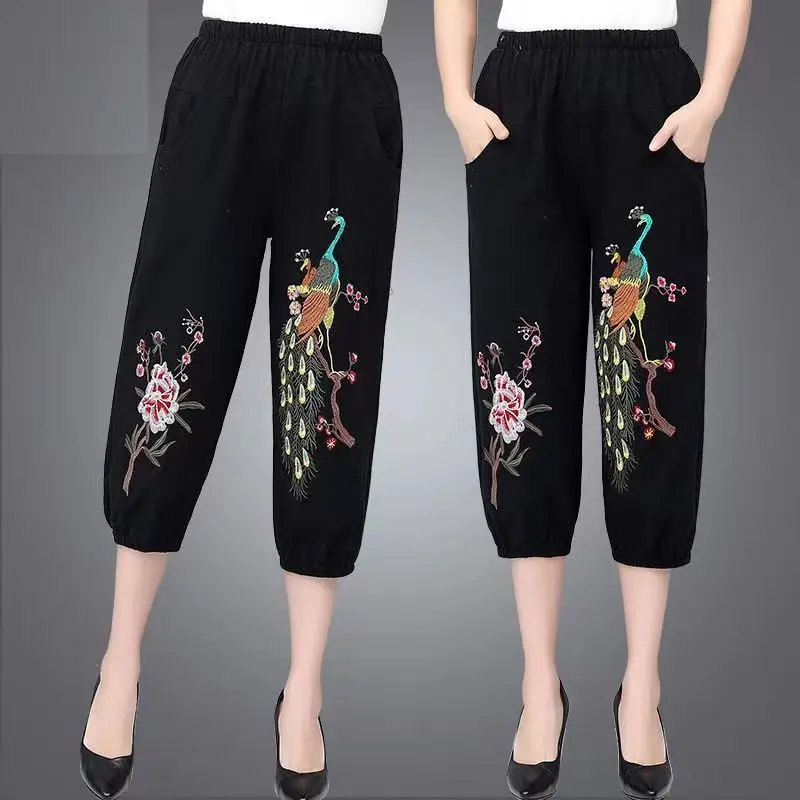 

2022 Summer Middle Aged Women Cotton Linen Capris Pants Female High Waist Cropped Pants Calf-Length Trousers 5XL P66