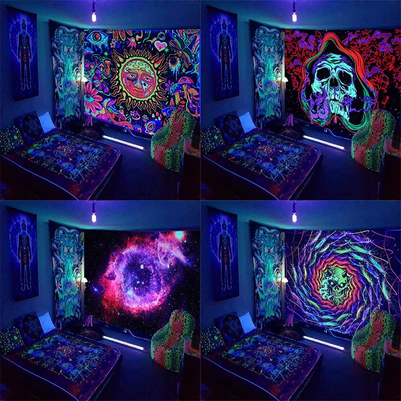 

UV Reactive Fluorescent Mandala Elephant Tapestry Hippie Psychedelic Skull Starry Sky Wall Hanging Cloth Bohemia Home Room Decor