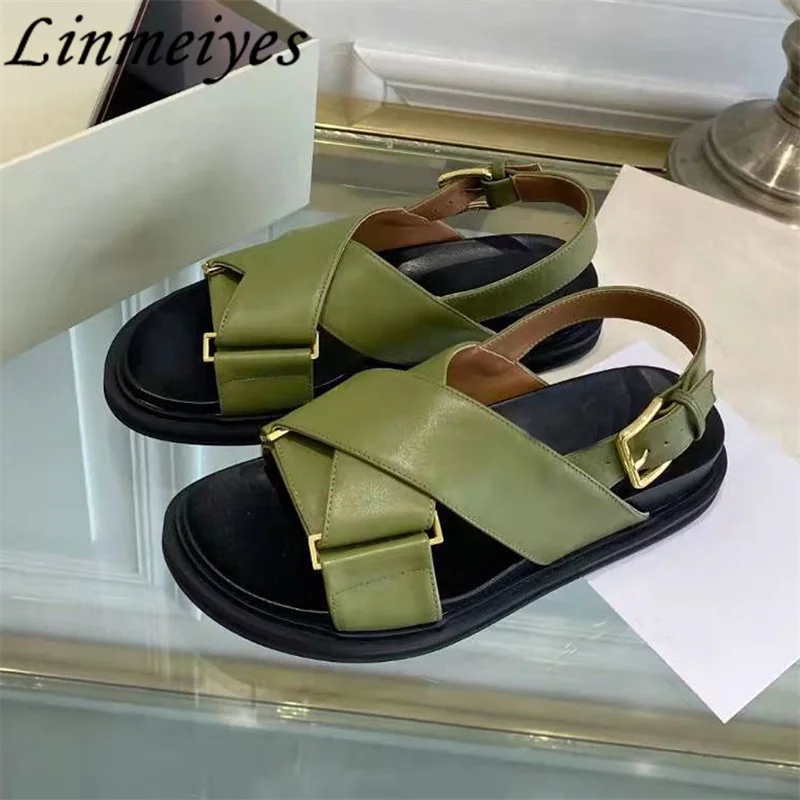 

Thick Sole Sandals Women Genuine Leather Cross Strap Holiday Beach Shoes Female Casual Flat Sandalias Summer Sandals Woman