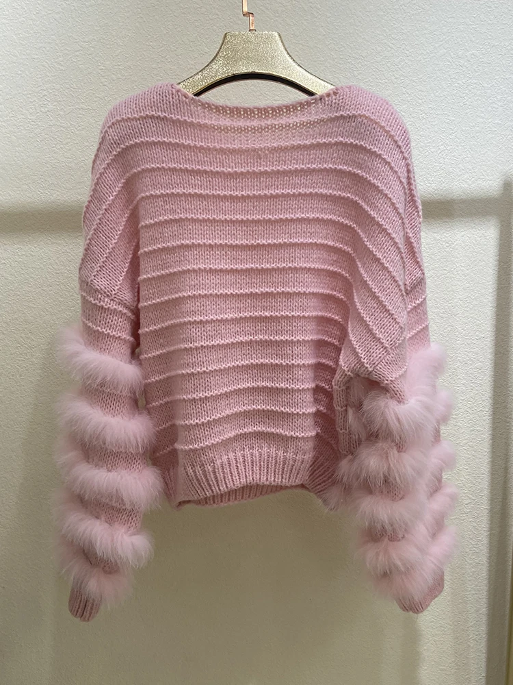 Women Fashion Real Fox Fur Strip Knitted Cardigans Sweater Real Fur Trim Loose Autumn Spring Knitwear