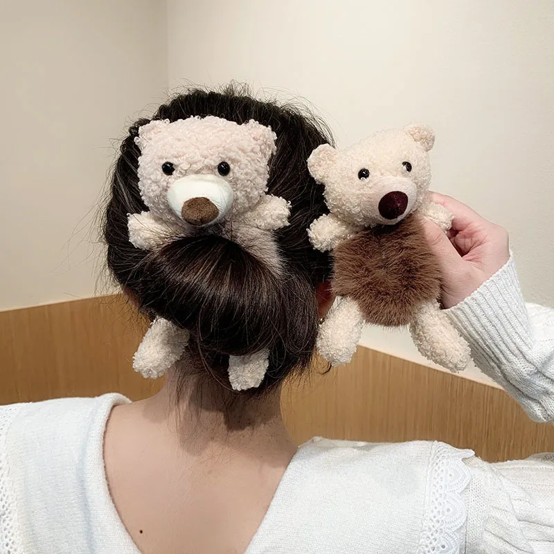 

Cute Bear Hugs Bear Head Rope Korean Version of Women's Hair Elastic Band Fashion Ponytail Plush Hair Ring New Hair Accessories