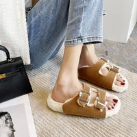 2022 fashion winter real wool slippers genuine leather slippers shearling warm indoor soft cork buckle slides footwear for women
