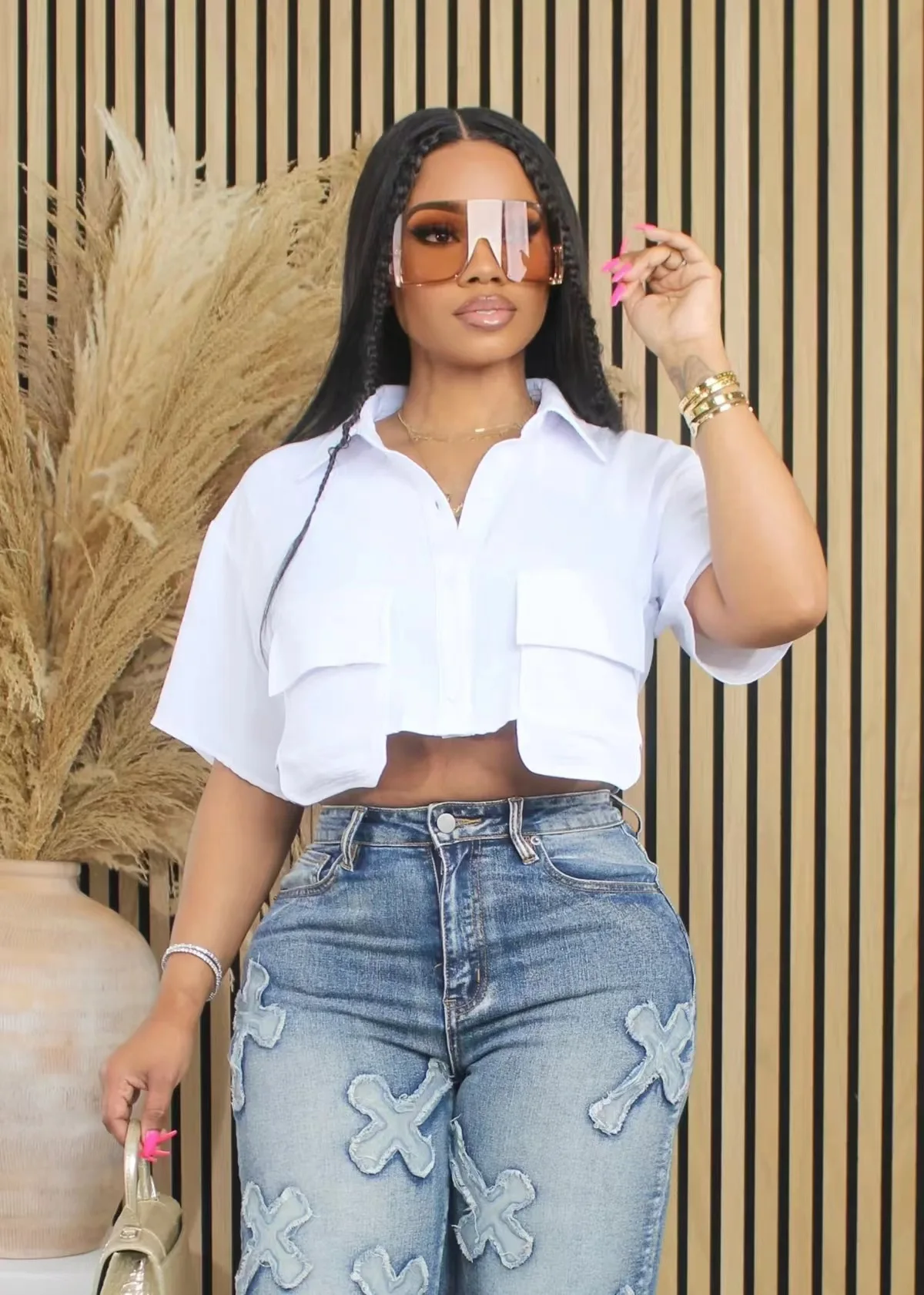 Женский укороченный топ на пуговицах однотонный Асимметричный с отложным