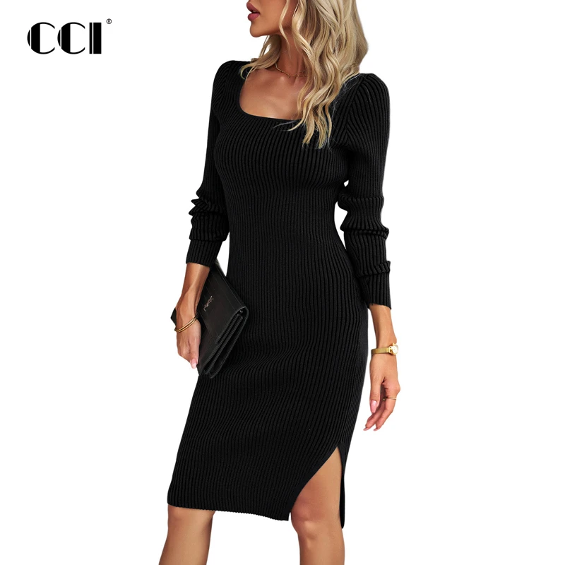 

Женское трикотажное платье-макси с квадратным вырезом и длинными рукавами