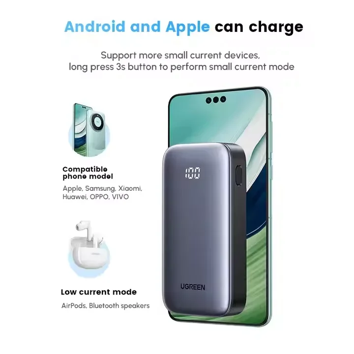 UGREEN Портативный мини-банк питания 30 Вт материал ABS тип C двойной USB A емкость