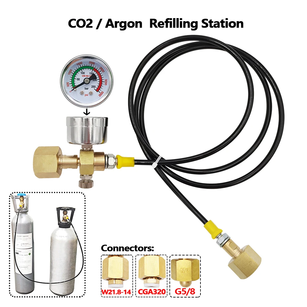 

Argon CO2 Refilling Station Charging Adapter to Small Welding Tanks,W/1.5 Meters Soft Hose Gauge W21.8-14,CGA320,G5/8 Connectors