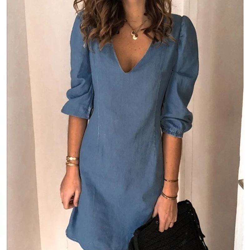 Купи Spring Summer Plus Size Dresses Solid V-neck Casual Loose Women Lantern Sleeve Thin Fashion Female Dress Bohemian Streetwears за 760 рублей в магазине AliExpress