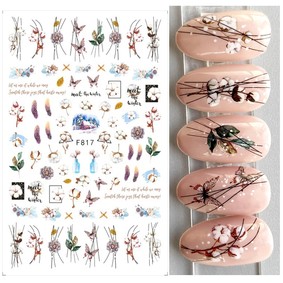 

Back Glue Stickers Winter Black Lines Cam Cottons Flowers Nail Decals Decoration For Nail Art Manicure Beauty