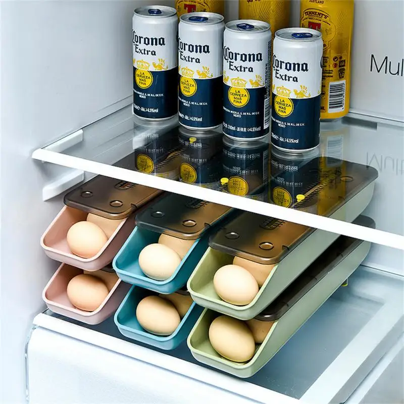 

New Automatic Rolling Egg Box Kitchen Items Refrigerator Storage Organizer Household Transparent Drawer Tray Space Saver