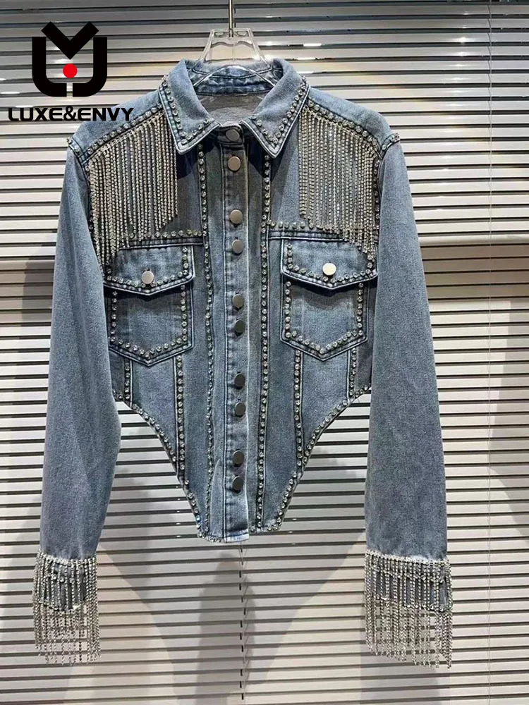 

Джинсовая куртка люкс & ENVY для тяжелой промышленности, с кисточками и бриллиантами, новая приталенная куртка в нишем дизайне, трендовая куртка, осень 2023