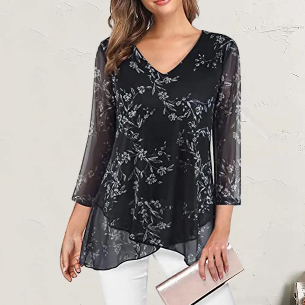 

Women Top V Neck Print Three Quarter Sleeve Asymmetric Hem Blouse Soft Pullover Loose Hem Lady Fall Spring T-shirt For Dating