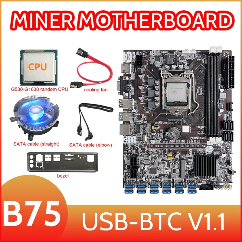 8 Card GPU B75 Mining Motherboard+G530/G1630 CPU+Cooling Fan+2XSATA Cable+Bezel 8XUSB3.0(PCIE1X) LGA1155 DDR3 RAM MSATA