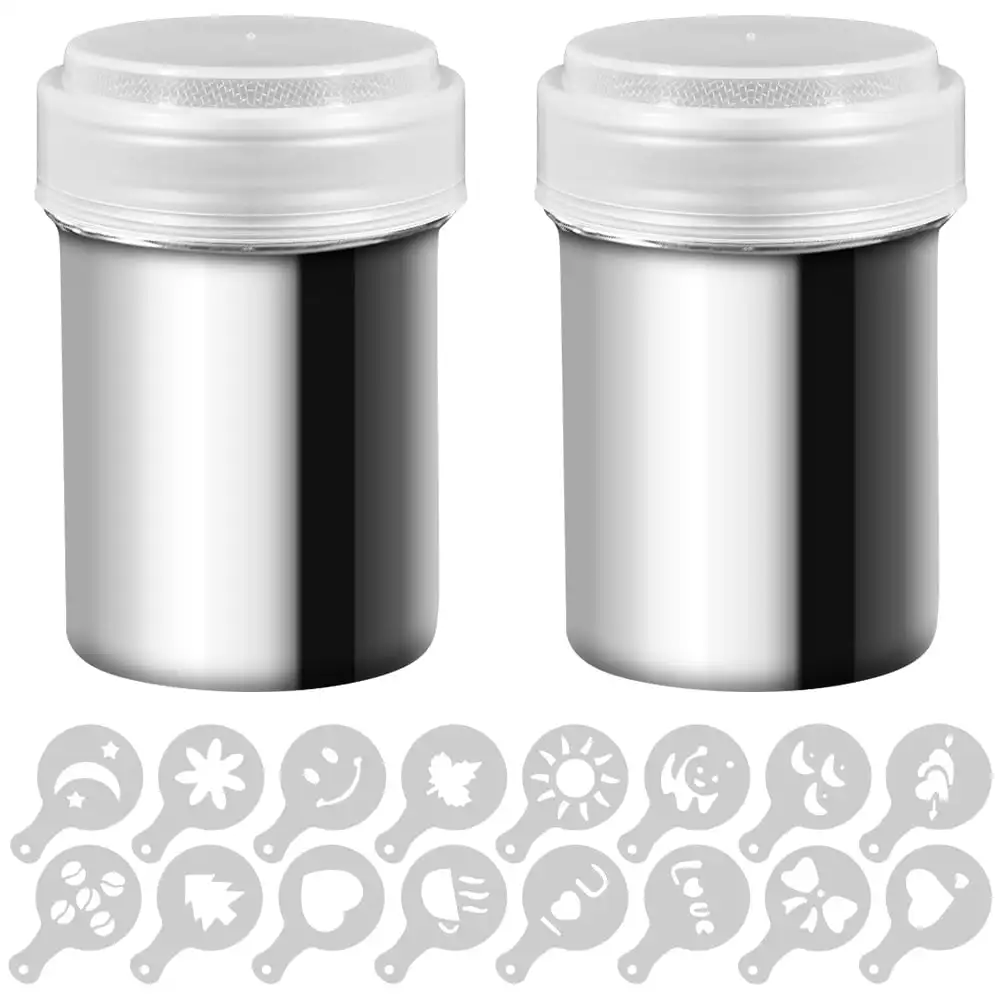 

2 Set Sugar Dispenser Powder Shakers, Stainless Steel Mesh Shaker Powder Cans for Coffee Cocoa Cinnamon Powder with Lid, with 1