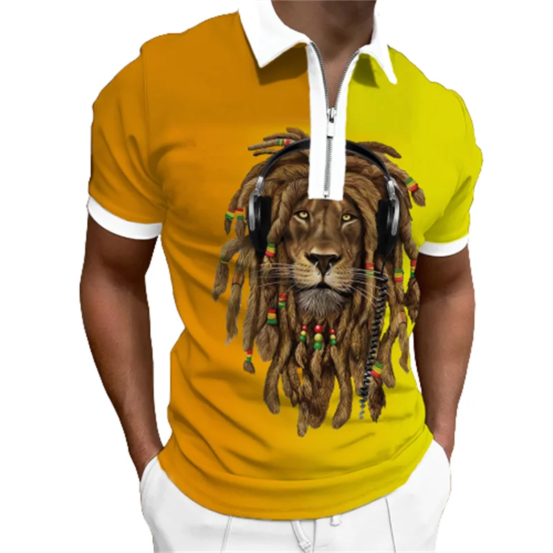 

Summer New Zip Polo Shirt Men's Cotton Short Sleeve T-Shirt Animal 3D Print High Quality Slim Fit Casual Golf Polo Shirt
