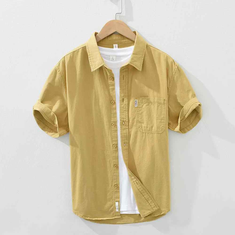 Summer Cool Men Short-sleeved Shirt Solid Color Fashion Casual Loose Button Pocket Shirt Male Clothing Top