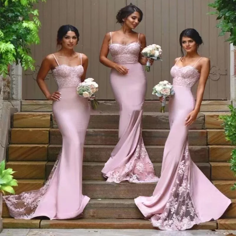 

Lace Mermaid Bridesmaid Dresses Women Sweetheart Sleeveless Satin Sweep Train With Appliques Wedding Guest Party Gowns Top Sell