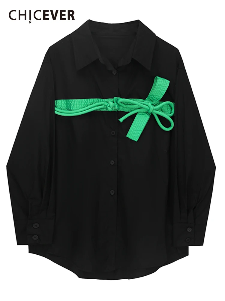 

CHICEVER Casual Solid Shirt For Women Lapel Long Sleeve Patchwork Bowknot Chic Single Breasted Loose Blouse Female New Fashion