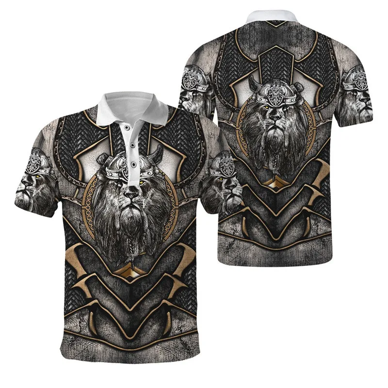 Fashion Viking Wolf Tattoo Red Eye 3D Full body Print Men's Polo Shirt Casual Polo Collar Short Sleeve Shirt