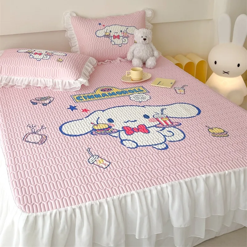 Sanrios Cinnamoroll Summer Latex Bed Skirt Type Air-conditioning Soft Ice Silk Mat Cool Quilt Pillowcase 3pcs 4pcs Set Washable images - 6