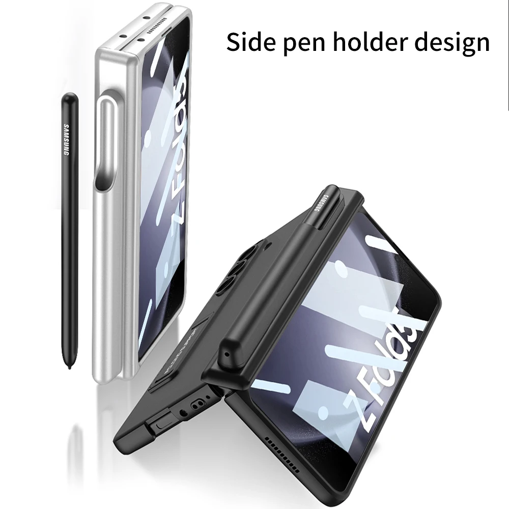 For Samsung Galaxy Z Fold 5 Case Ultra Thin Matte Bracket With Tempered Film Folding Magnetic Hinge Pen Holder Shockproof Cover