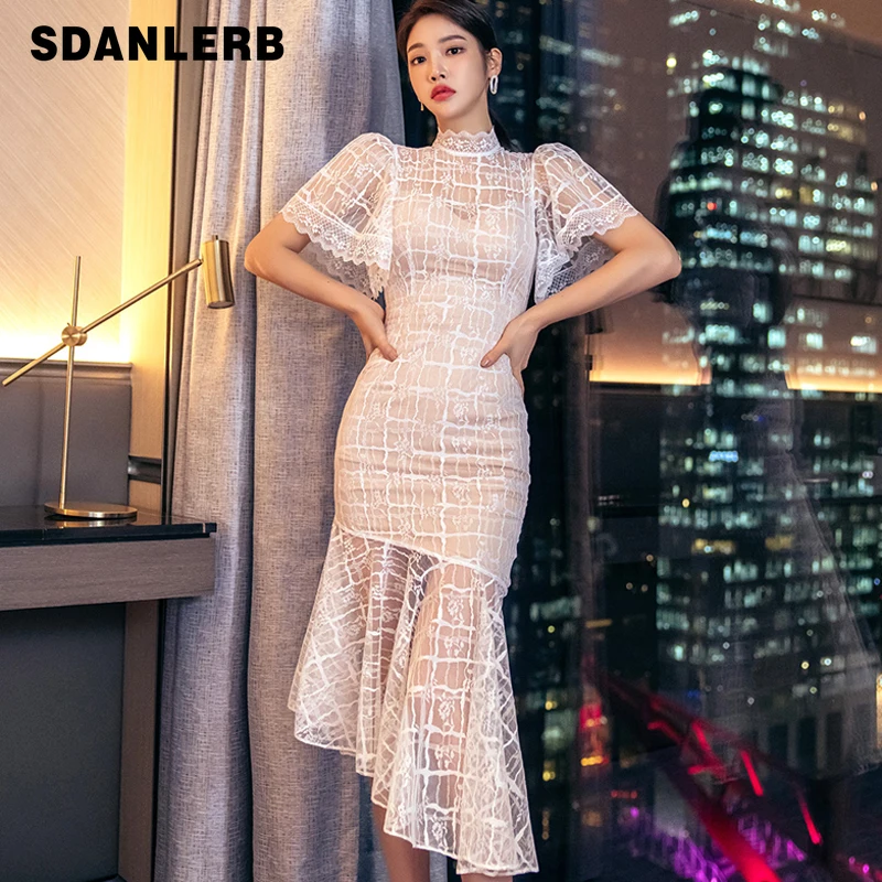 

2022 Spring And Summer New Korean Style Temperament Long Dress Slim-Fit Lace Collar Sexy Lace Fishtail Fashion Dress For Women