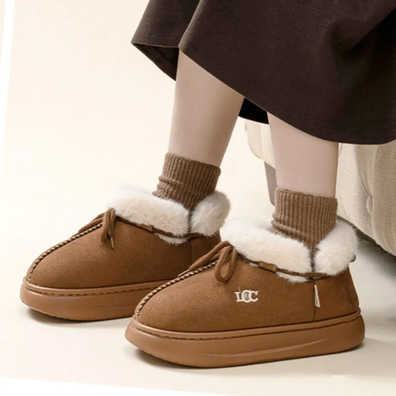 Теплые пушистые зимние женские полусапожки удобная уличная женская хлопковая