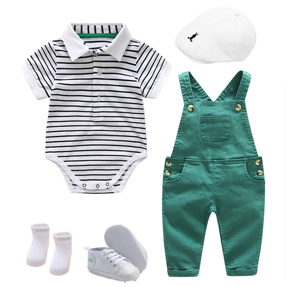 

Baby Hat Suit Boys Clothes Summer Set Cotton Cap + Striped Romper + Green Jumper + Shoes + Socks 5 PCS Casual Children Outfit